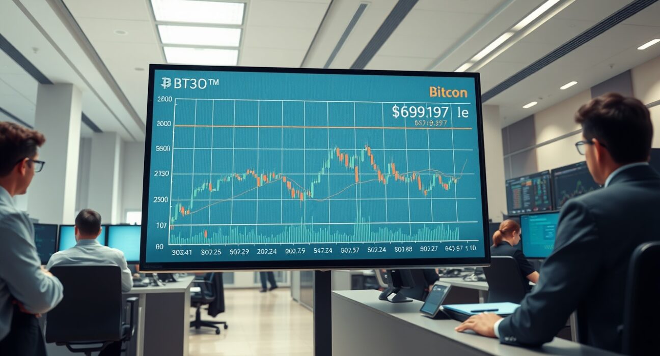 Bitcoin price chart approaching critical $69,197 liquidation level on trading floor display