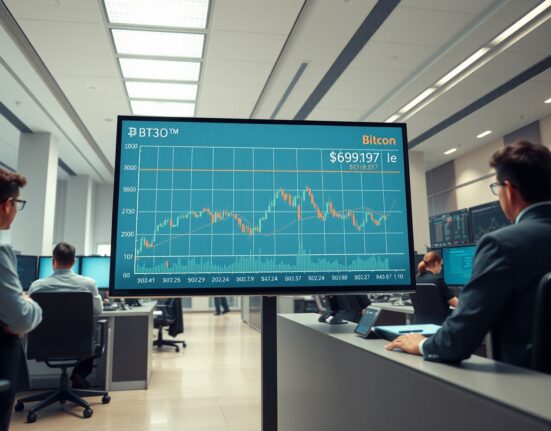 Bitcoin price chart approaching critical $69,197 liquidation level on trading floor display