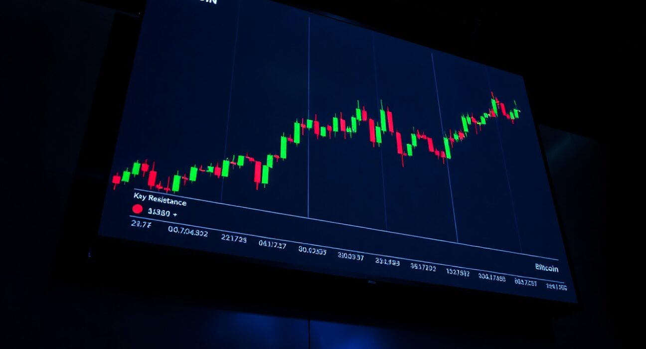 Bitcoin price chart showing upward movement approaching liquidation levels on a trading floor screen