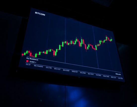 Bitcoin price chart showing upward movement approaching liquidation levels on a trading floor screen