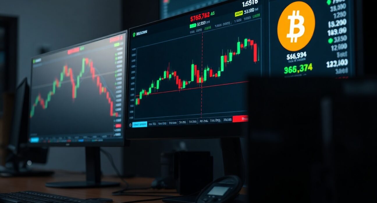 Trading desk monitors showing Bitcoin price chart and liquidation levels