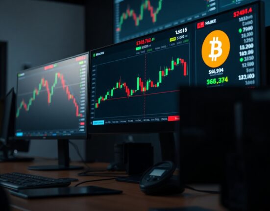 Trading desk monitors showing Bitcoin price chart and liquidation levels