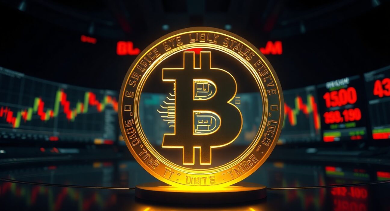 Bitcoin coin symbol on a dark trading desk with liquidation charts in the background