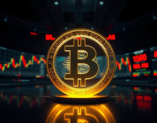 Bitcoin coin symbol on a dark trading desk with liquidation charts in the background