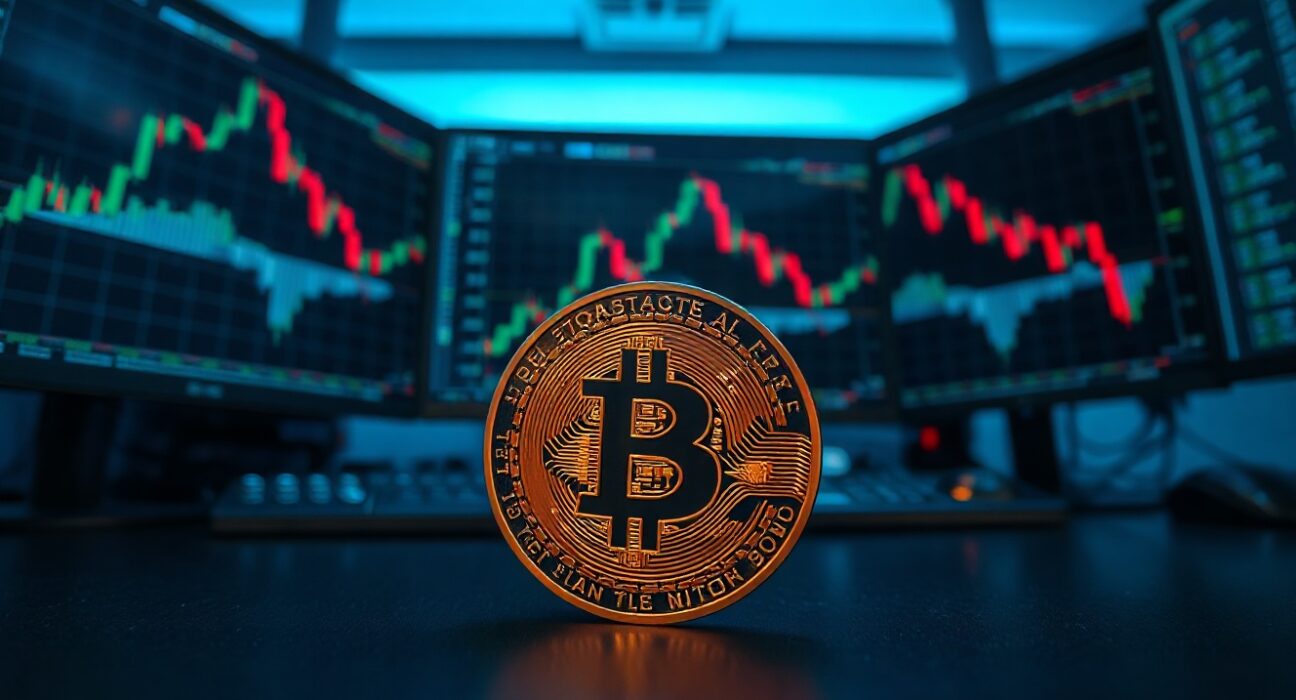 Bitcoin coin on a trading desk with liquidation charts in the background.