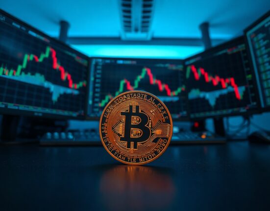 Bitcoin coin on a trading desk with liquidation charts in the background.