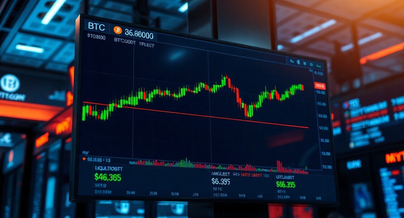 Bitcoin price chart showing liquidation levels near $66,365 on a trading floor screen.