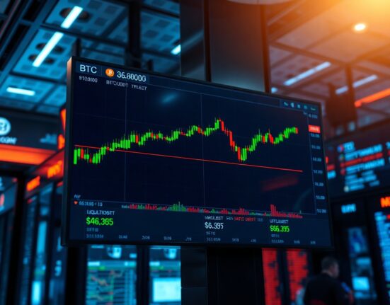 Bitcoin price chart showing liquidation levels near $66,365 on a trading floor screen.