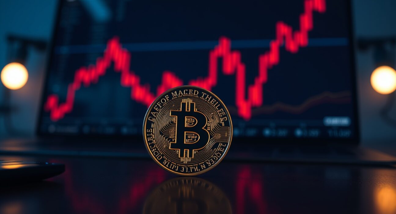 Bitcoin coin on a dark surface with a rising red chart line indicating market volatility and potential liquidations.