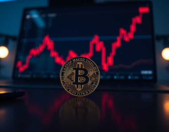Bitcoin coin on a dark surface with a rising red chart line indicating market volatility and potential liquidations.