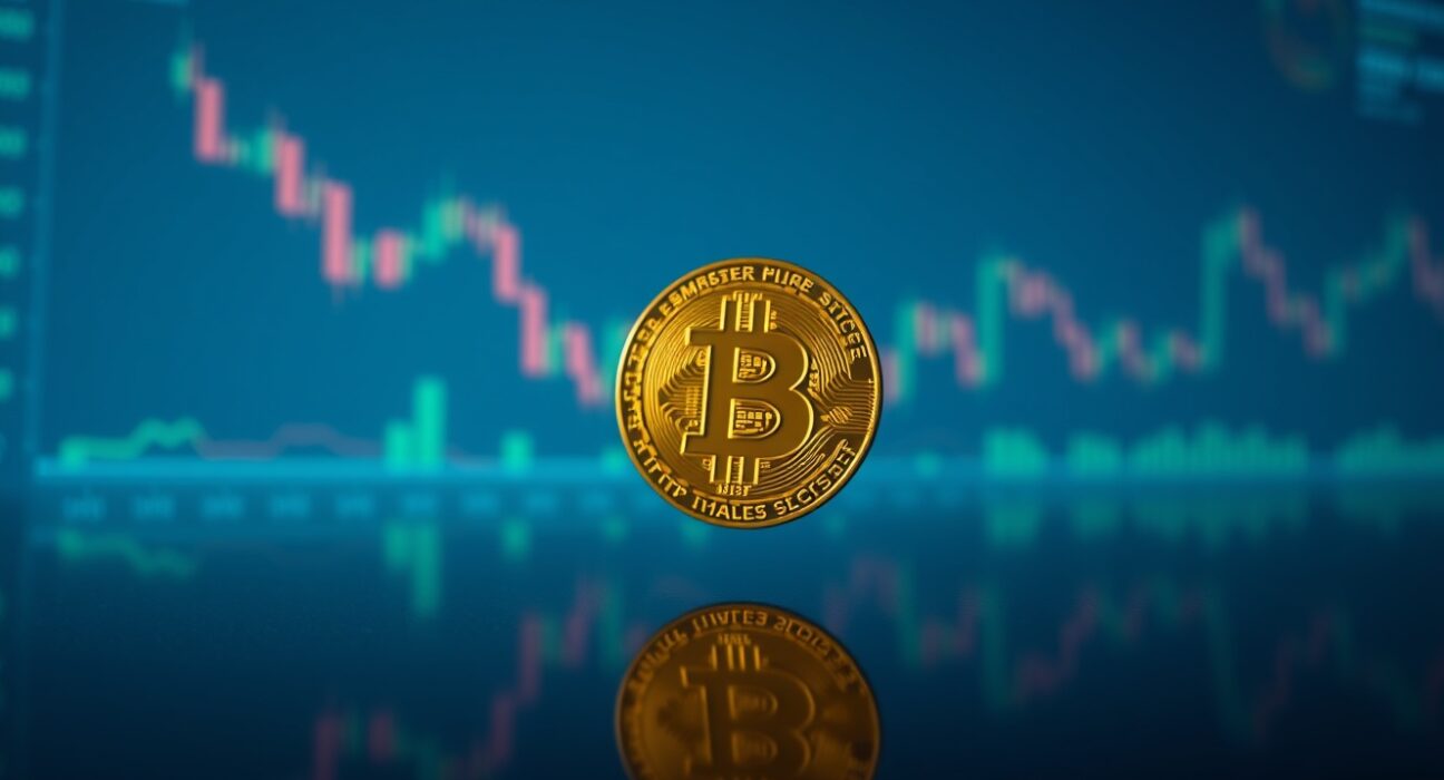 Bitcoin coin on a dark surface with blurred trading charts in background, representing market liquidation risk.