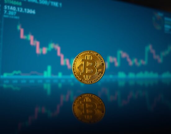 Bitcoin coin on a dark surface with blurred trading charts in background, representing market liquidation risk.