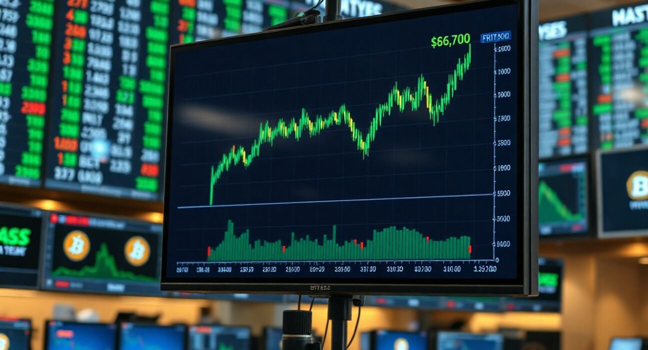 Bitcoin price chart on a trading screen with liquidation levels highlighted