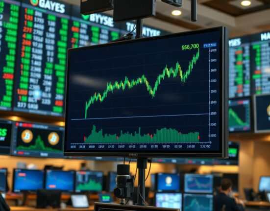 Bitcoin price chart on a trading screen with liquidation levels highlighted