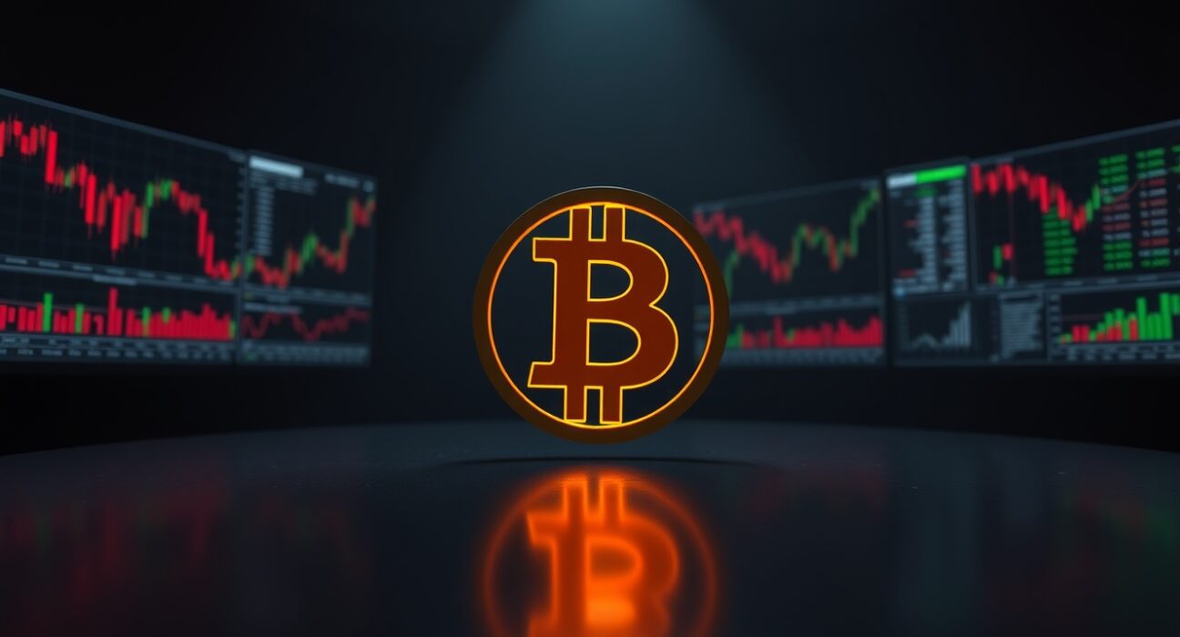 Bitcoin coin on a dark trading desk with liquidation data charts in the background