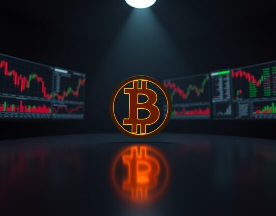 Bitcoin coin on a dark trading desk with liquidation data charts in the background