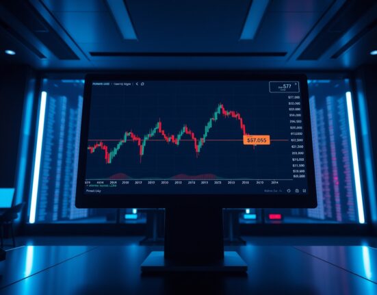 Bitcoin price chart with liquidation levels highlighted near $67,055 on a trading screen