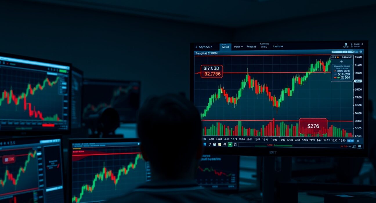 Bitcoin price chart on multiple monitors at a trading desk, highlighting a potential liquidation event.