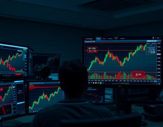 Bitcoin price chart on multiple monitors at a trading desk, highlighting a potential liquidation event.