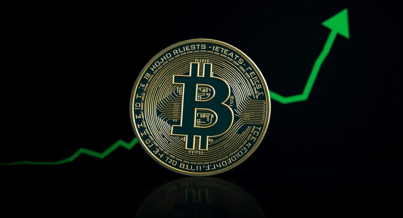 Bitcoin short positioning rally: A Bitcoin coin on a dark background with green upward arrows, symbolizing a potential short squeeze and price increase.