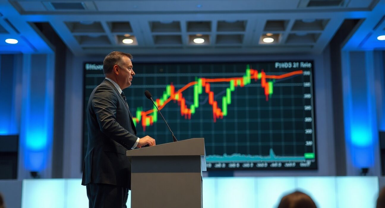 Analyst James Atchison speaking at Consensus Miami with a Bitcoin price chart and negative funding rate data displayed on screen.