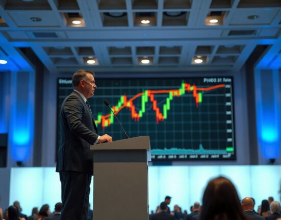 Analyst James Atchison speaking at Consensus Miami with a Bitcoin price chart and negative funding rate data displayed on screen.