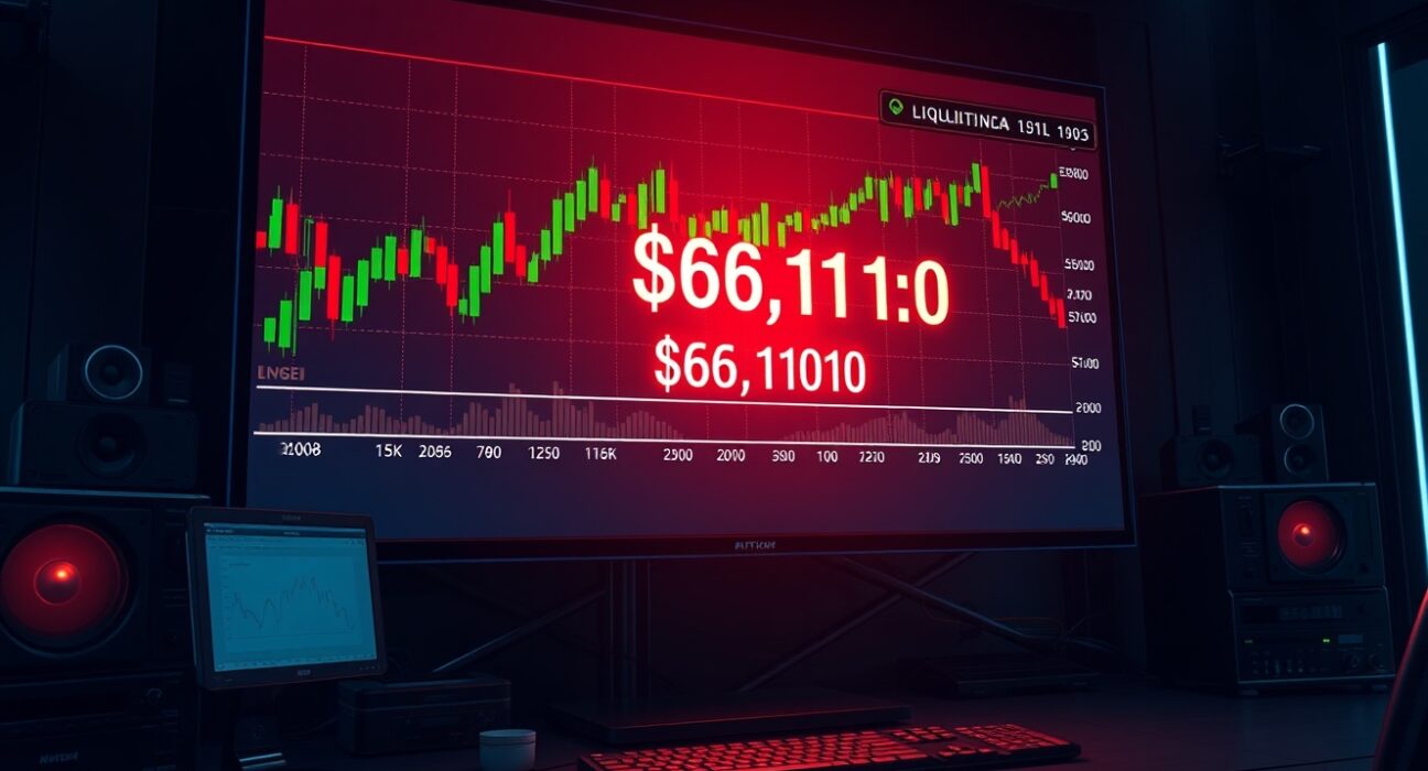 Bitcoin price chart showing potential liquidation at $65,110 level in a trading environment