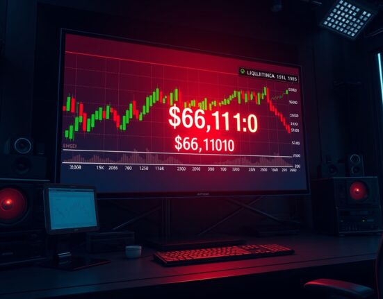 Bitcoin price chart showing potential liquidation at $65,110 level in a trading environment