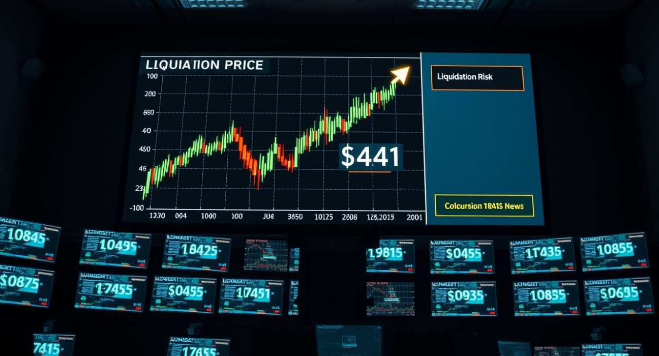 Digital trading screen showing Bitcoin price chart with liquidation warning near $74,341 level