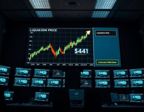 Digital trading screen showing Bitcoin price chart with liquidation warning near $74,341 level