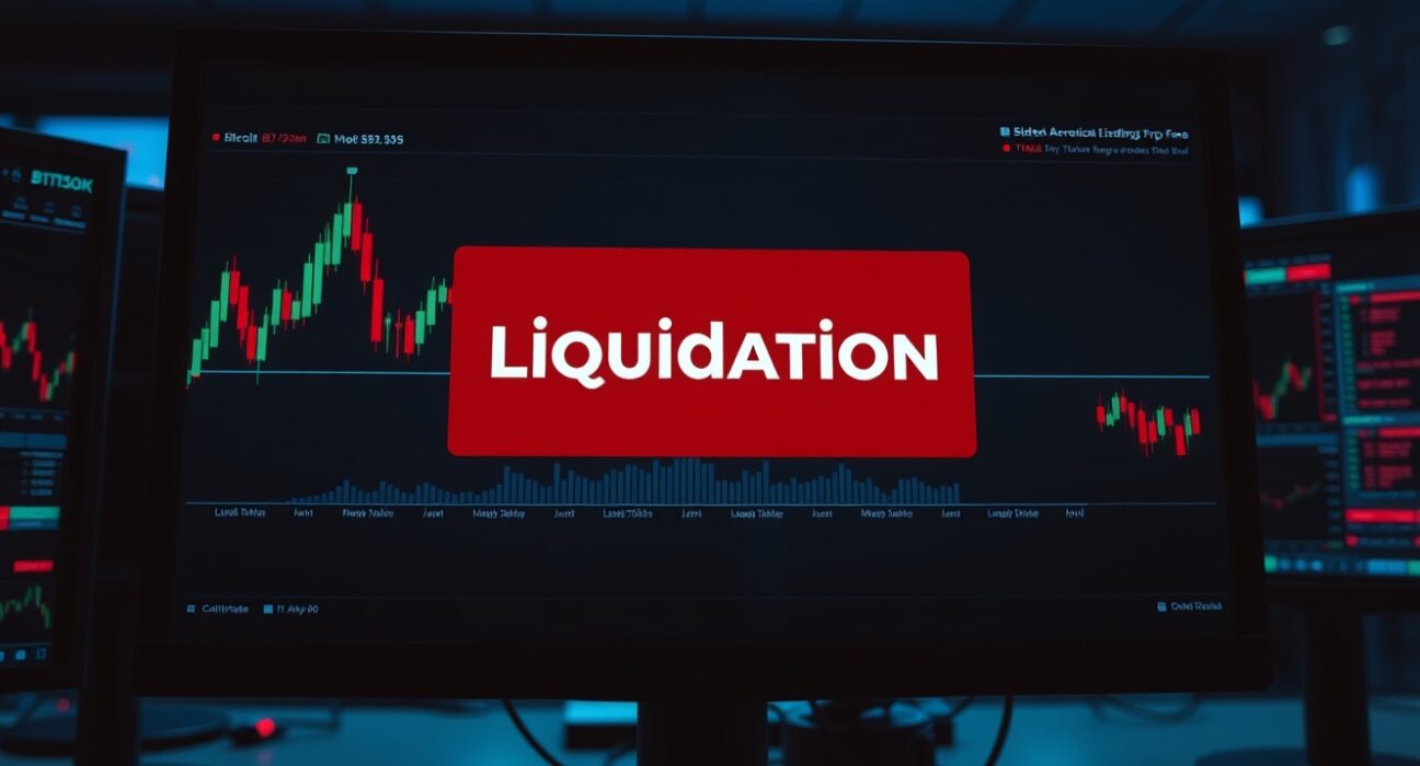 Bitcoin price chart with liquidation warning on trading monitor