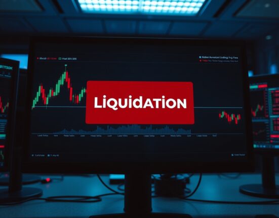 Bitcoin price chart with liquidation warning on trading monitor