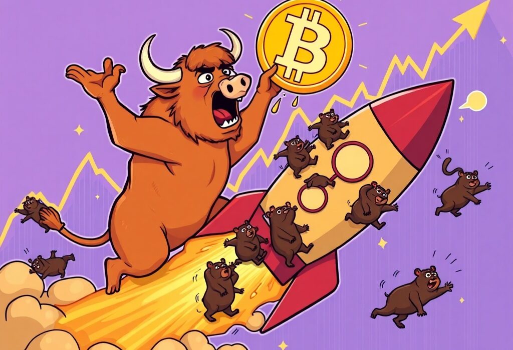 A cartoon illustration showing a powerful bull launching Bitcoin skyward, representing a potential BTC short squeeze and a rapid price increase.