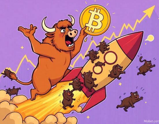 A cartoon illustration showing a powerful bull launching Bitcoin skyward, representing a potential BTC short squeeze and a rapid price increase.