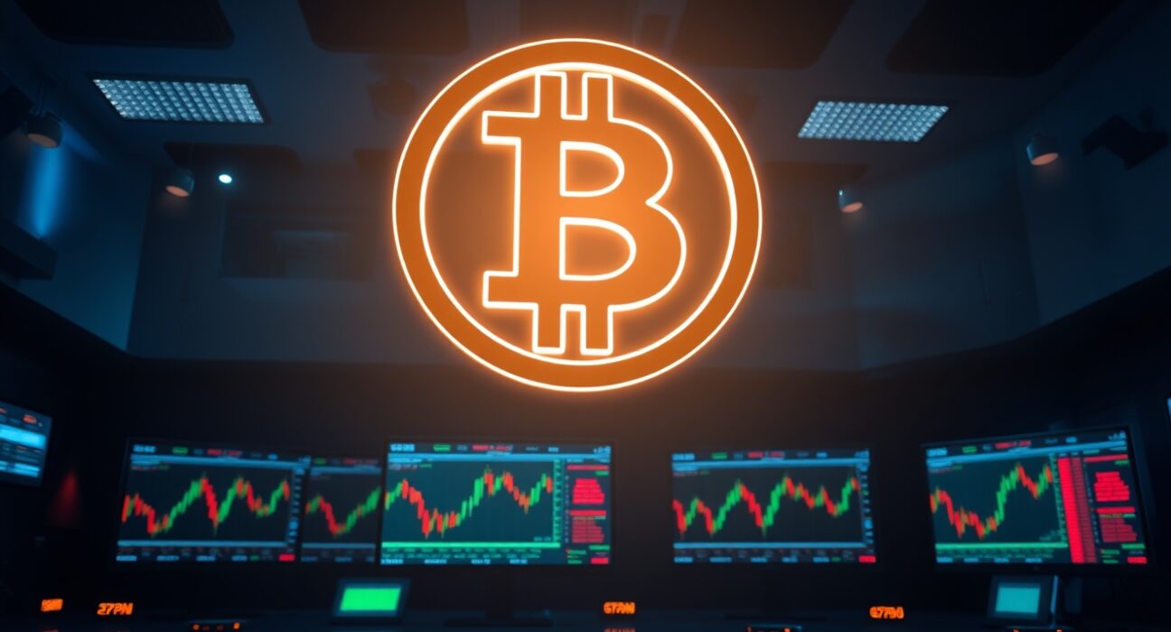 Bitcoin symbol over trading monitors showing liquidation data