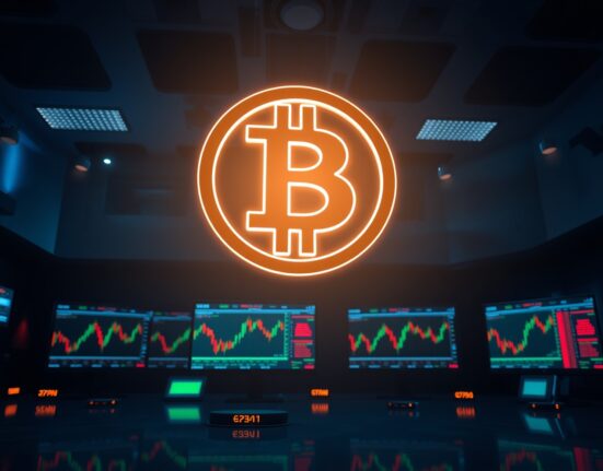Bitcoin symbol over trading monitors showing liquidation data