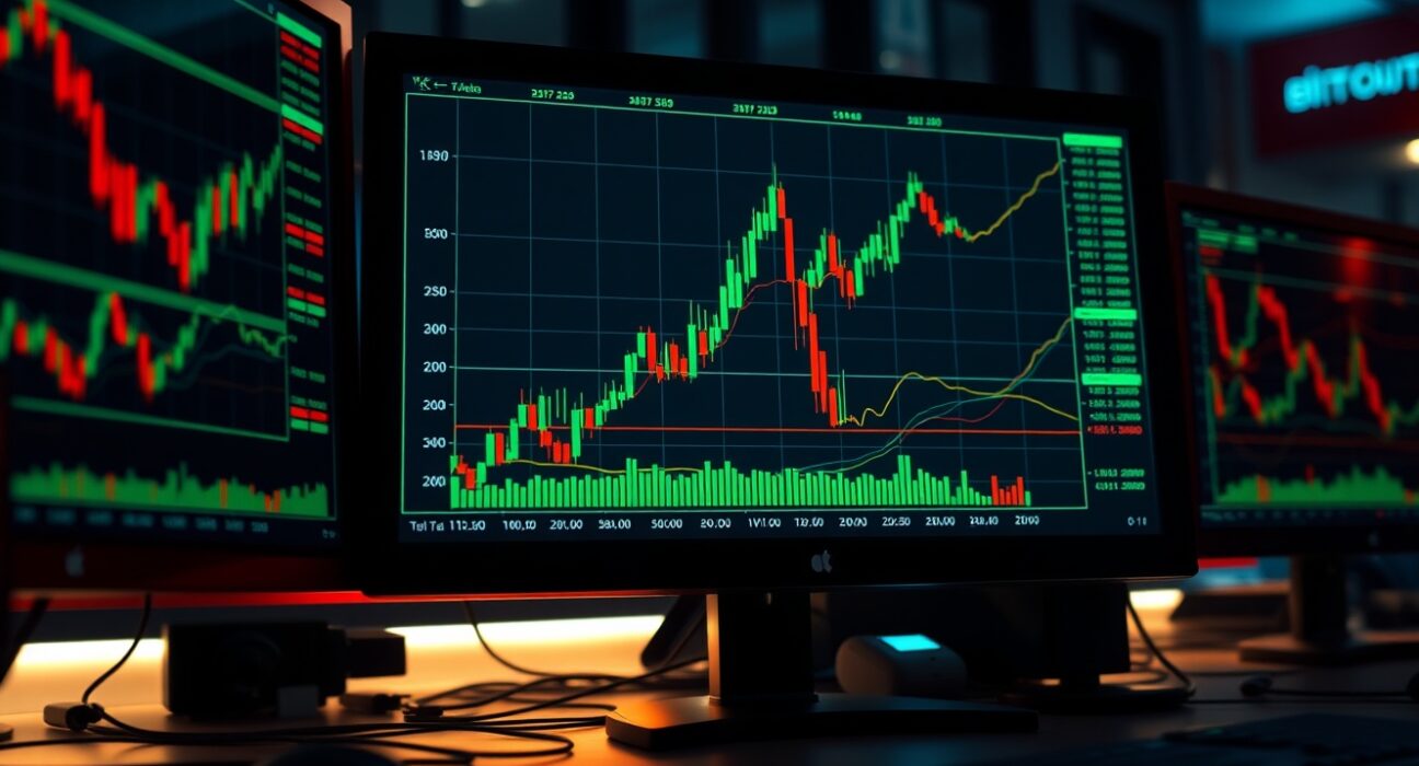 Bitcoin price chart with a sharp spike on a trading monitor in a dimly lit trading desk