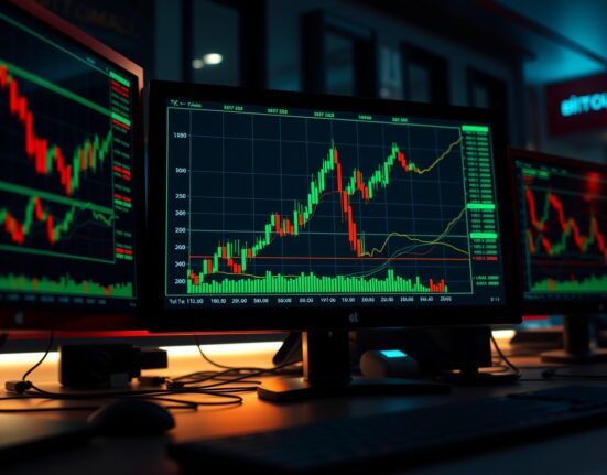 Bitcoin price chart with a sharp spike on a trading monitor in a dimly lit trading desk