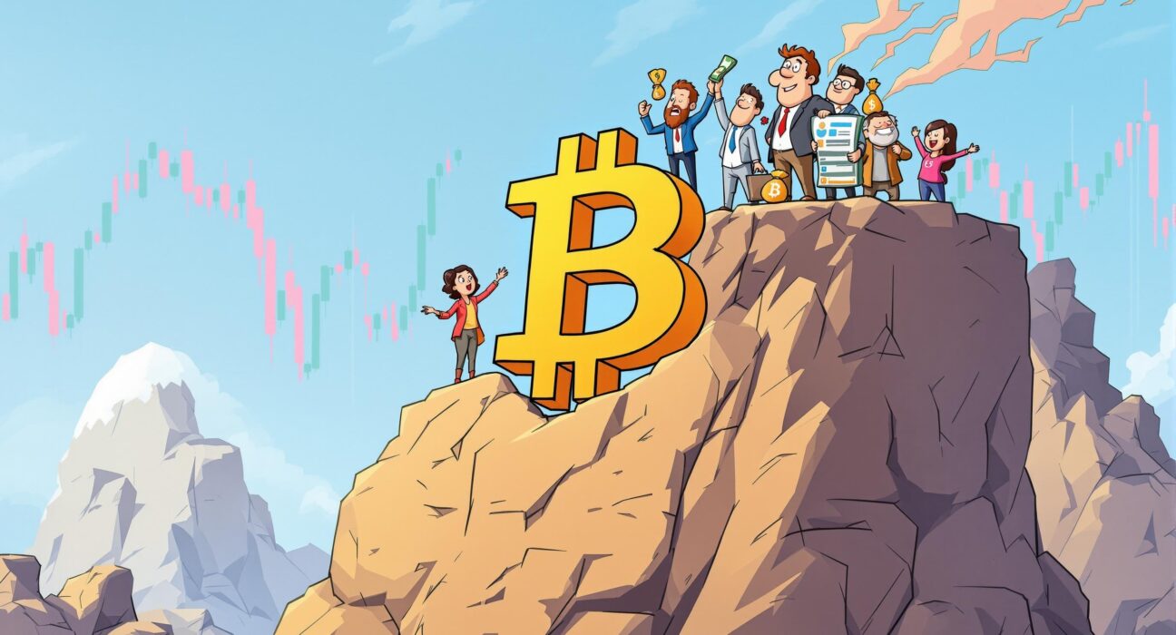 Cartoon illustration of Bitcoin short-term holders taking profits, signaling a potential market bottom.