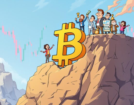 Cartoon illustration of Bitcoin short-term holders taking profits, signaling a potential market bottom.
