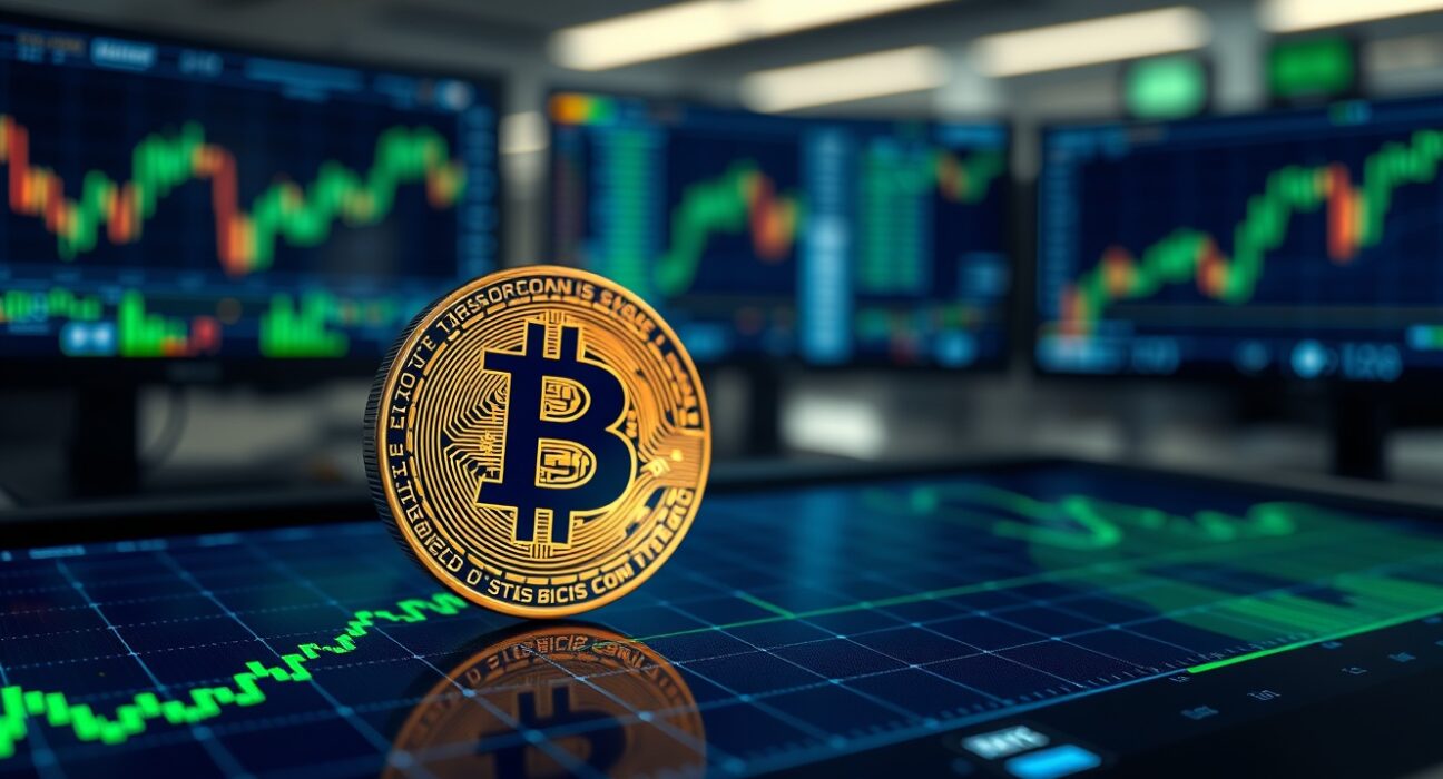 Bitcoin coin on a digital chart showing a downward trend beginning to rebound, representing a potential short-term bottom in June.