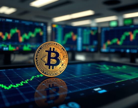 Bitcoin coin on a digital chart showing a downward trend beginning to rebound, representing a potential short-term bottom in June.