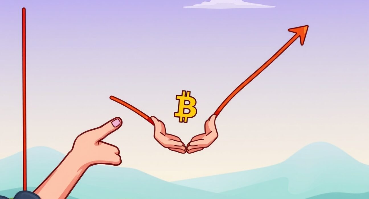 A cartoon illustration showing a Bitcoin short-term bottom, with BTC being accumulated in a calm market.