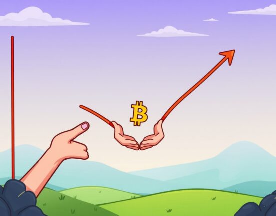 A cartoon illustration showing a Bitcoin short-term bottom, with BTC being accumulated in a calm market.