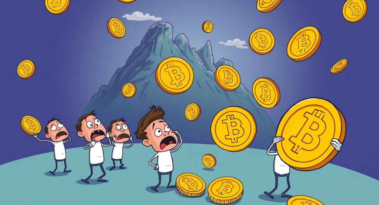 Cartoon depicting Bitcoin short-term holders selling at a loss, illustrating a crucial shift in market confidence.