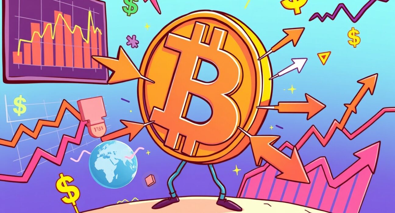 Bitcoin short-term direction being influenced by colorful macroeconomic indicators and financial charts in cartoon style