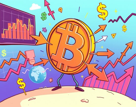 Bitcoin short-term direction being influenced by colorful macroeconomic indicators and financial charts in cartoon style