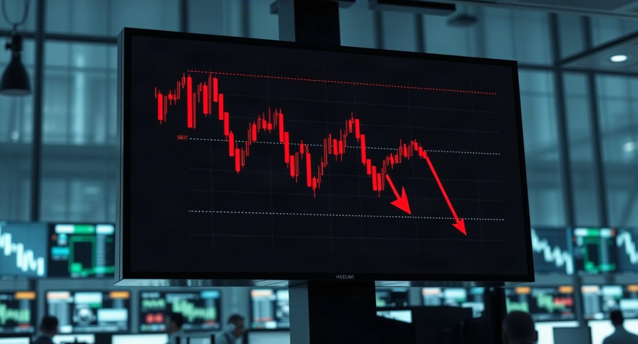 Bitcoin price chart showing a sharp decline on a trading screen, illustrating market sell-off