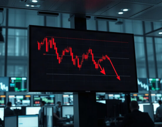 Bitcoin price chart showing a sharp decline on a trading screen, illustrating market sell-off