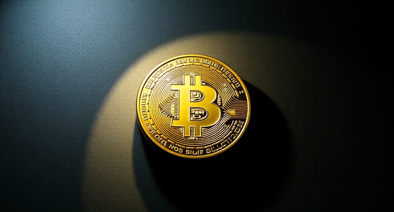 Bitcoin coin in dramatic lighting representing market capitulation and selling pressure